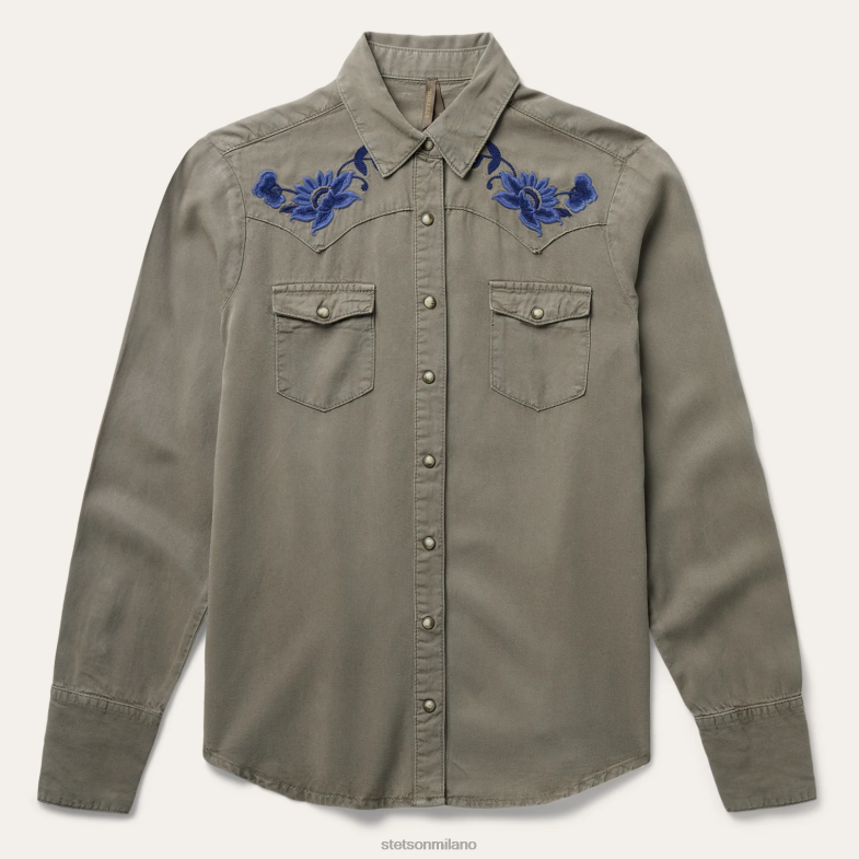 Stetson Blusa western in twill di lyocell verde oliva 6BP6J444 abbigliamento verde donne
